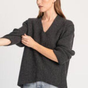 Almina Concept 100% Wool Oversized V Neck Ribbed Sweater in charcoal